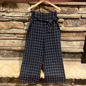 Alythea Wide Leg Blue Windowpane Pattern Trousers with Tie